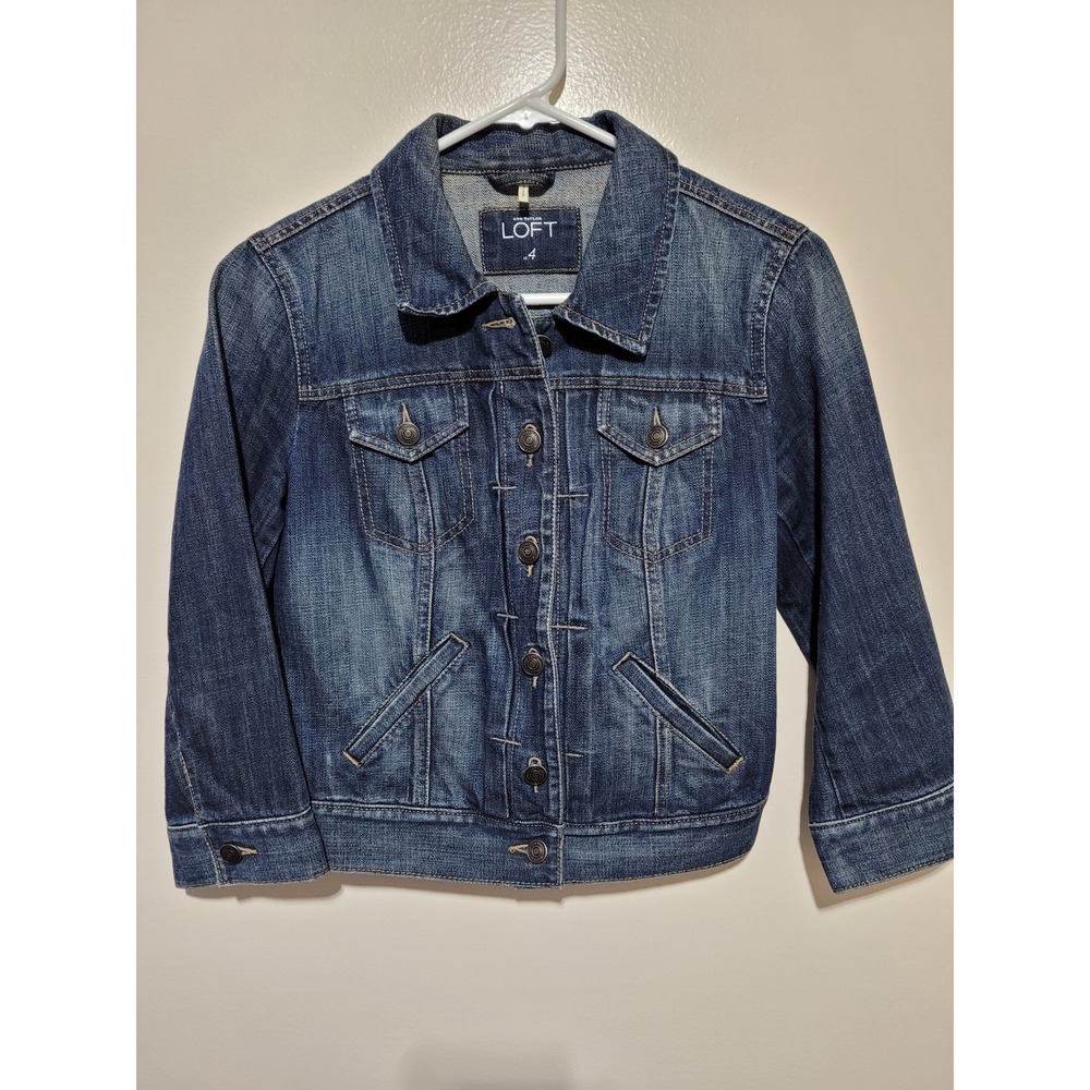 Ann Taylor LOFT Denim Jacket Womens Size 4 Dark Wash 3/4‎ Sleeve Cotton